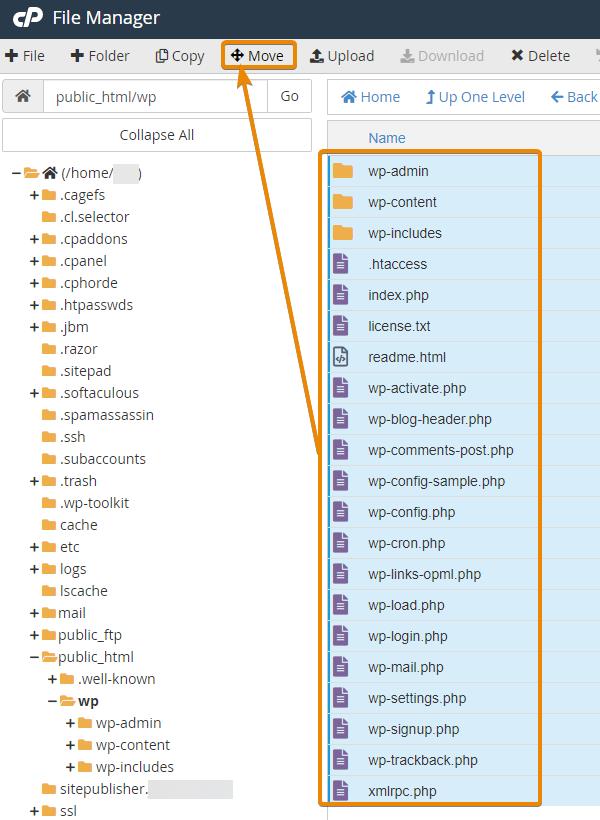 select everything in wp folder and click on move button