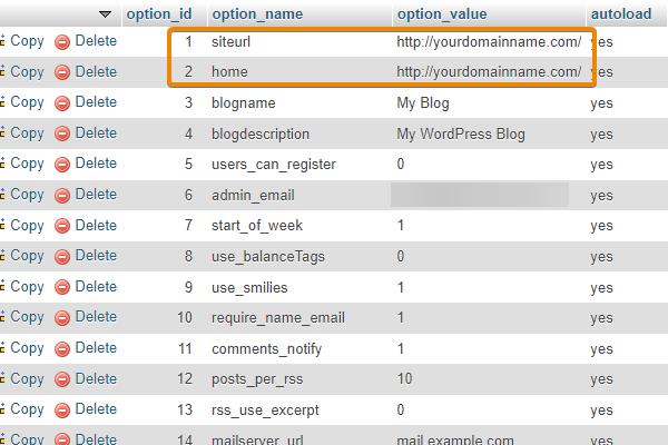 wp in the siteurl and home option names deleted