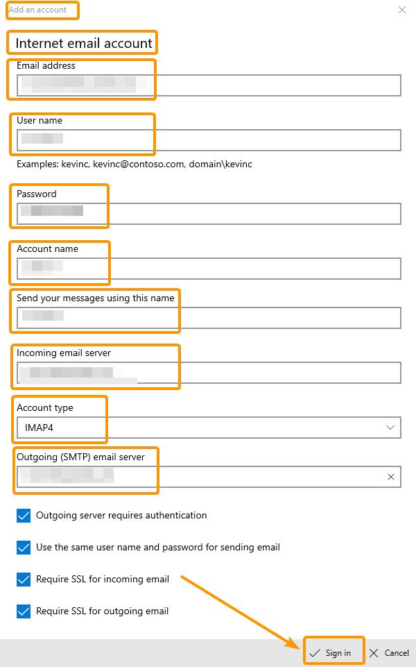 internet email settings sent after creating email account